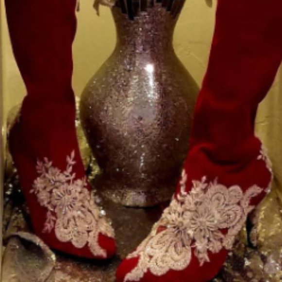 "FRANCES" Custom Red & White Beaded Lace OTK Boots - Picture 3 of 4